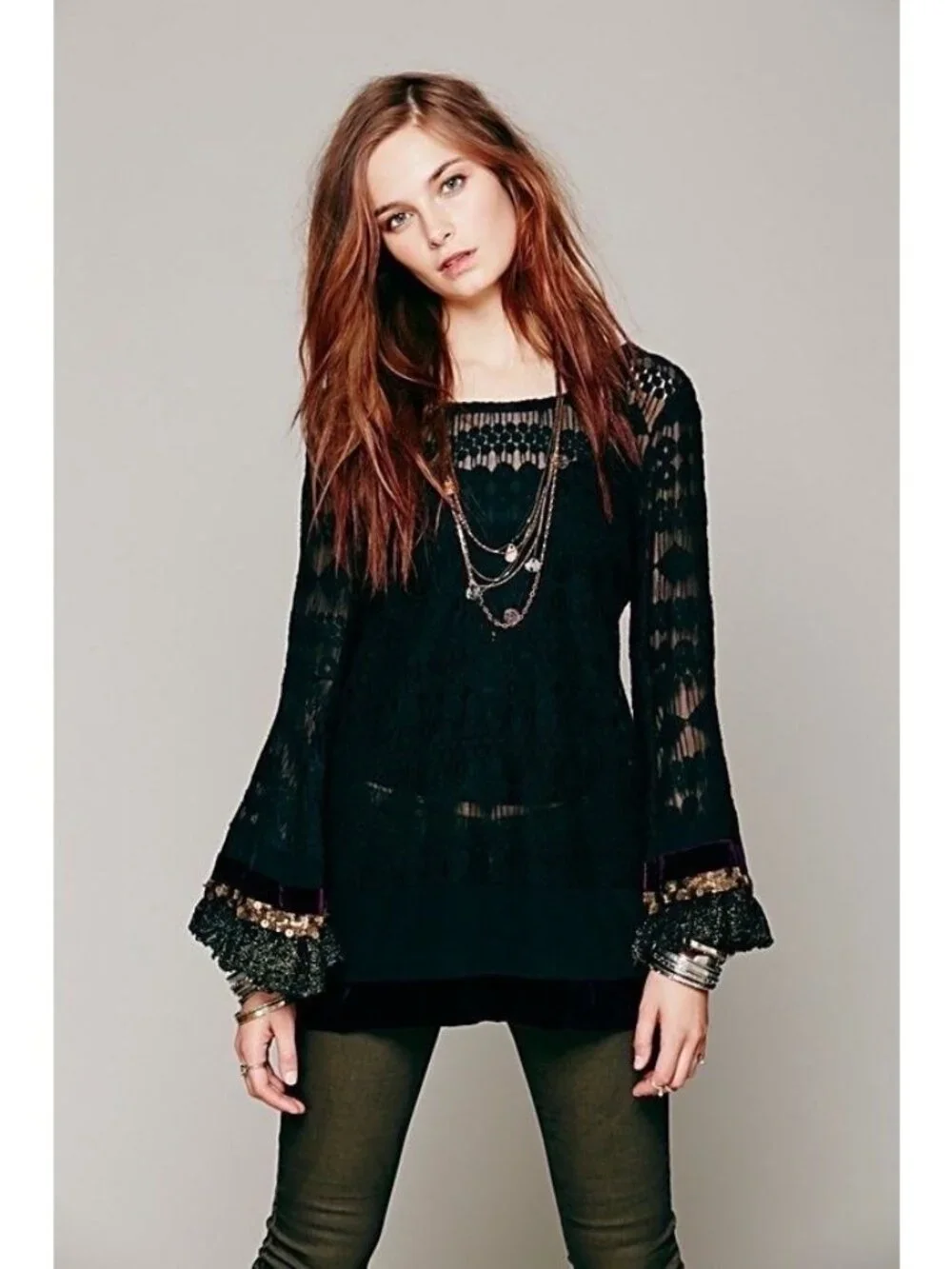 RARE Free People Black Lace Velvet Bell Sleeve Mini Dress Tunic| Whimsigoth Boho - Picture 2 of 16